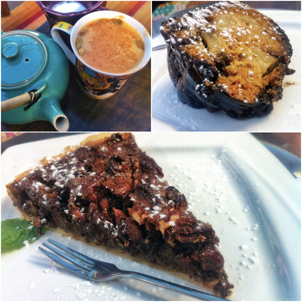 Bolo de pera com açúcar mascavo; chai; imbatível torta de pecã (como esqueci a câmera, fiz essas fotos com Iphone)