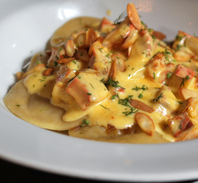 Varenikes de batata doce com creme de Haddock e endro: belo prato 