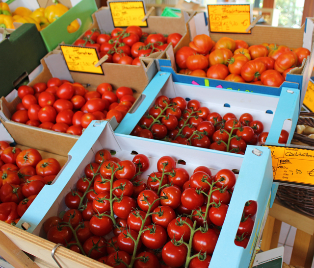 Os tomates sensacionalmente lindos e doces do Hofmarkt Schoßberghof Minfeld