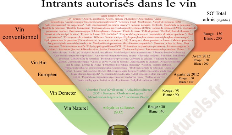 Esquema que mostra a quantidade de químicos permitidos – do tratamento do solo até a garrafa – em diferentes tipos de vinho. Saca só o “convencional”… 