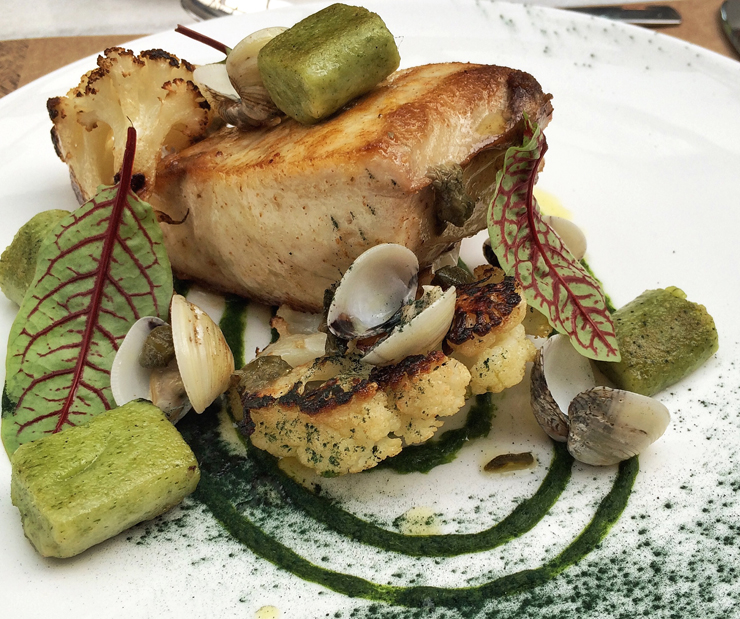 Dourada com alcaparras, vôngole, couve flor tostada e nhoque de endro.