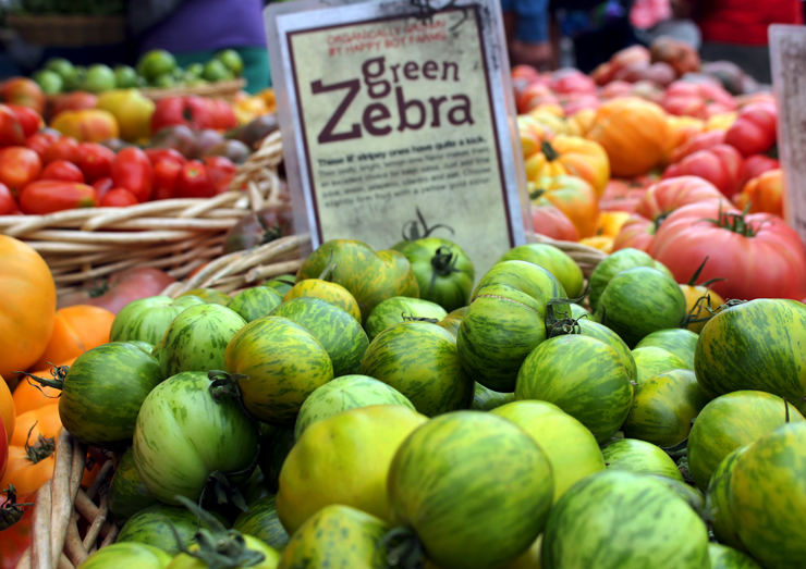 A lindeza da variedade de tomates orgânicos no Heart of the City Farmers Market