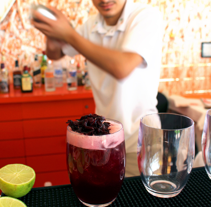 O delicioso Sangre Cora, no Eva Mandarina: Mezcal, infusão de flor de hibisco com vinho tinto e suco de cranberry