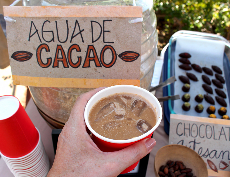 Água de cacau: amêndoas de cacau, água, leite de coco e baunilha. Tico de açúcar. Bate-se no liquidificador e coa-se. Tem quem ponha cardamomo. Bem bom. 