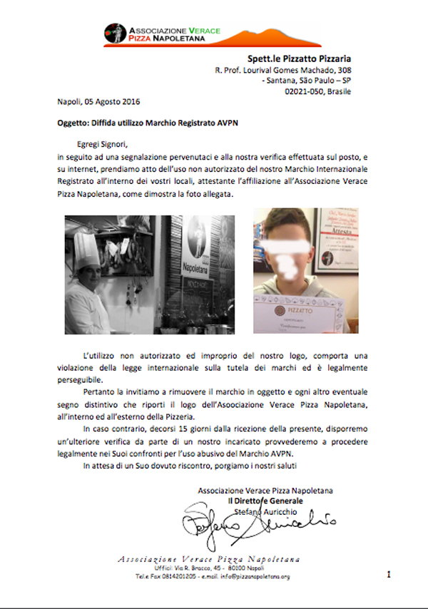 Email de notificação extrajudicial da AVPN, pedindo a retirada das placas e citações da AVPN da Pizzatto 